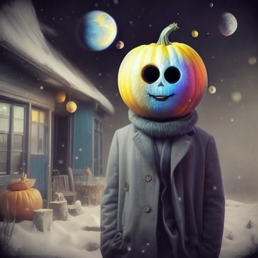 Rainbow Pumpkin Man in Snowy Town, Surreal Oil Painting