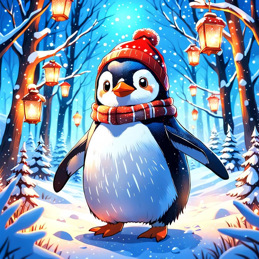 Festive Penguin in Snowy Forest: Anime Key Visual