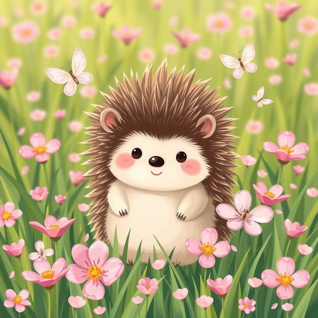Cute Kawaii Hedgehog in a Vibrant Pastel Meadow