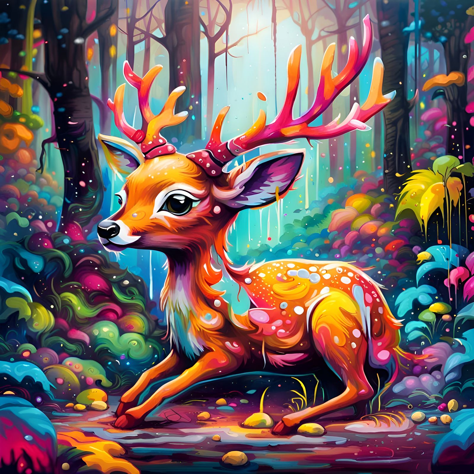 Deer Eating in Colorful Graffiti Fantasy Forest