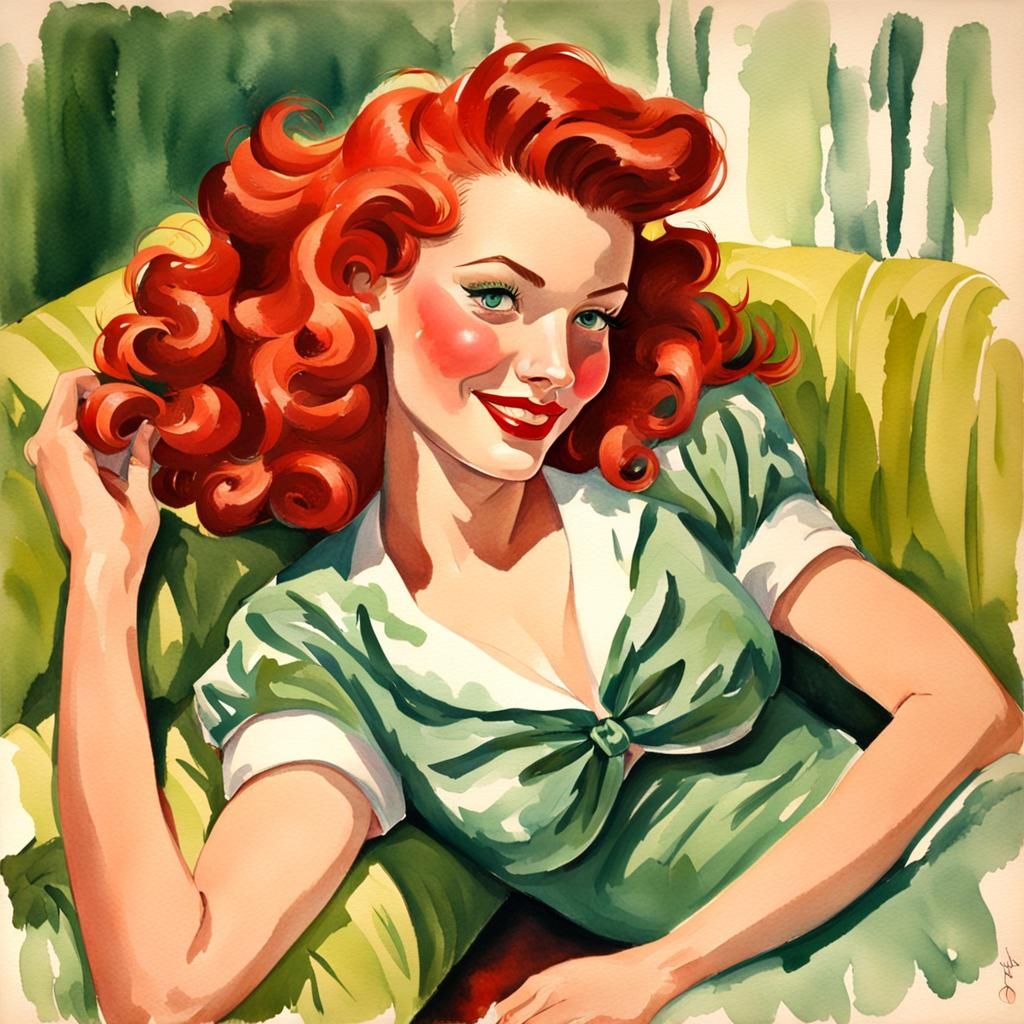 Pin-Up Woman in Green, Gouache Watercolor Style