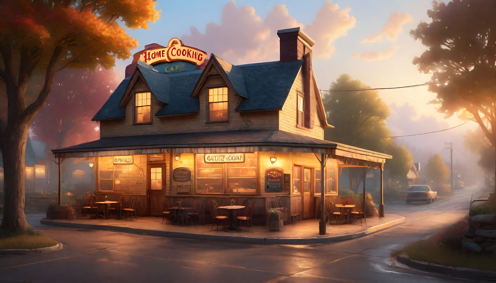 Charming Rustic Cafe in Thomas Kinkade Style