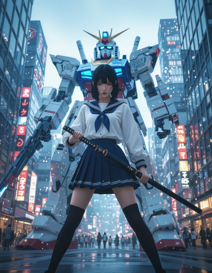 Tokyo Schoolgirl with Katana and Mecha Robot