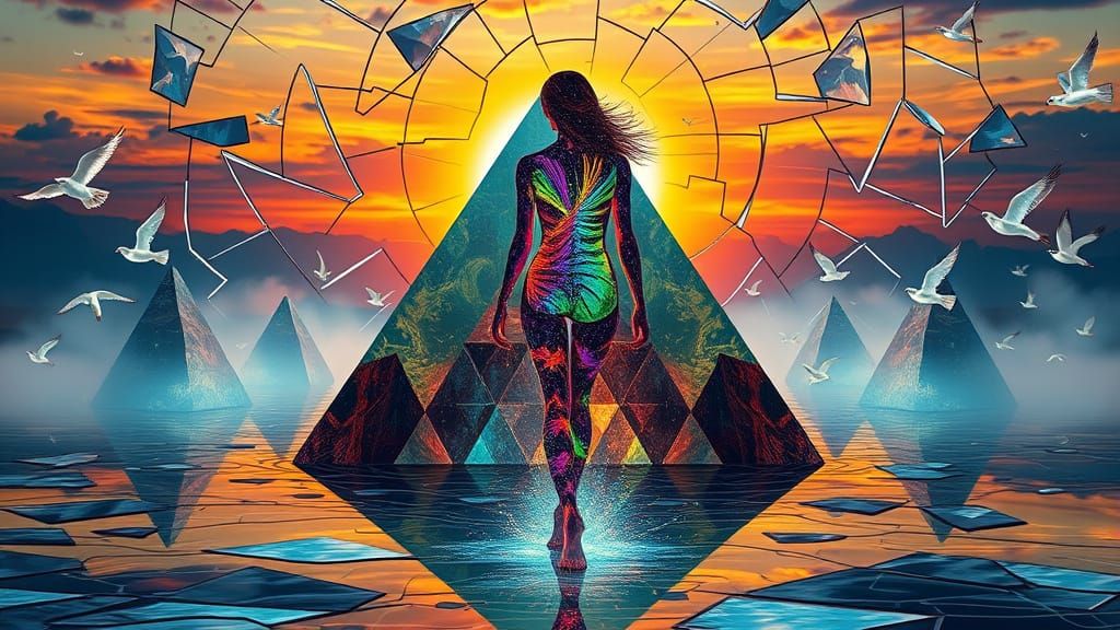 Prismatic Woman Walking on Water in Dreamscape