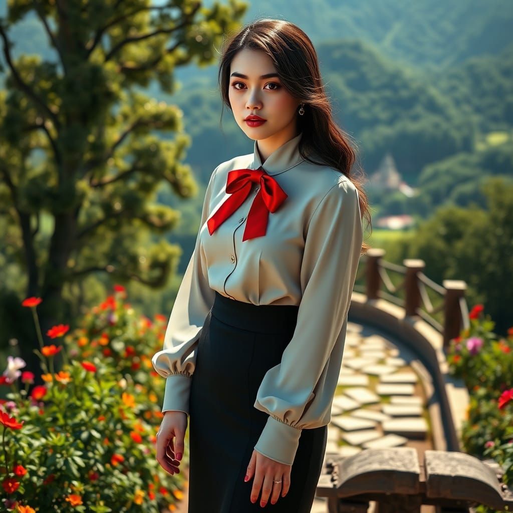 Elegant Woman in High-Collared Blouse with Floral Backdrop