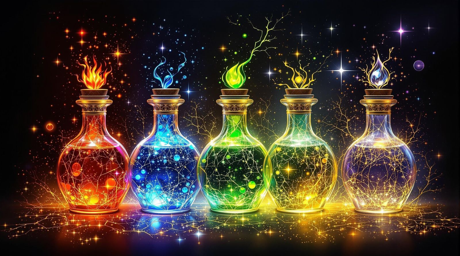 Glowing Magical Potions in Alcohol Ink Style