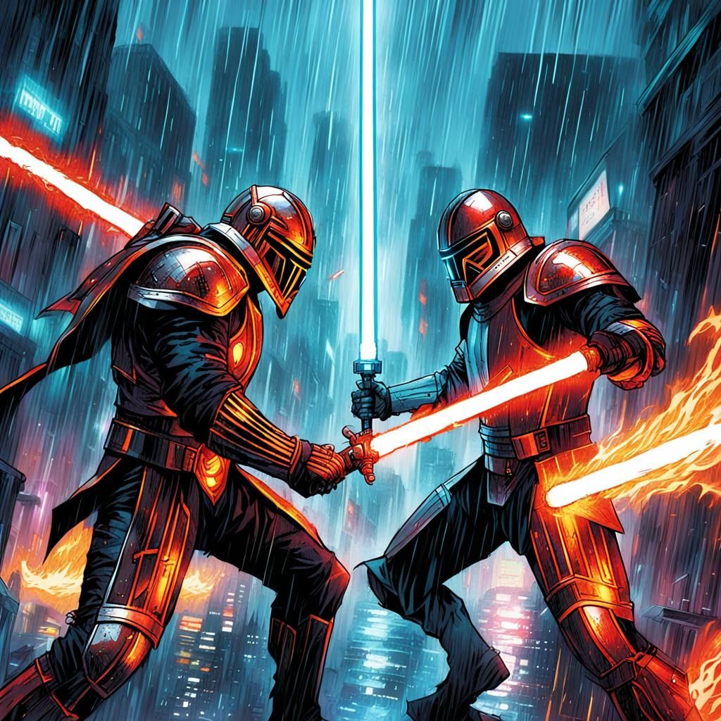 Boys Clash in Futuristic Armor, Comic Book Art