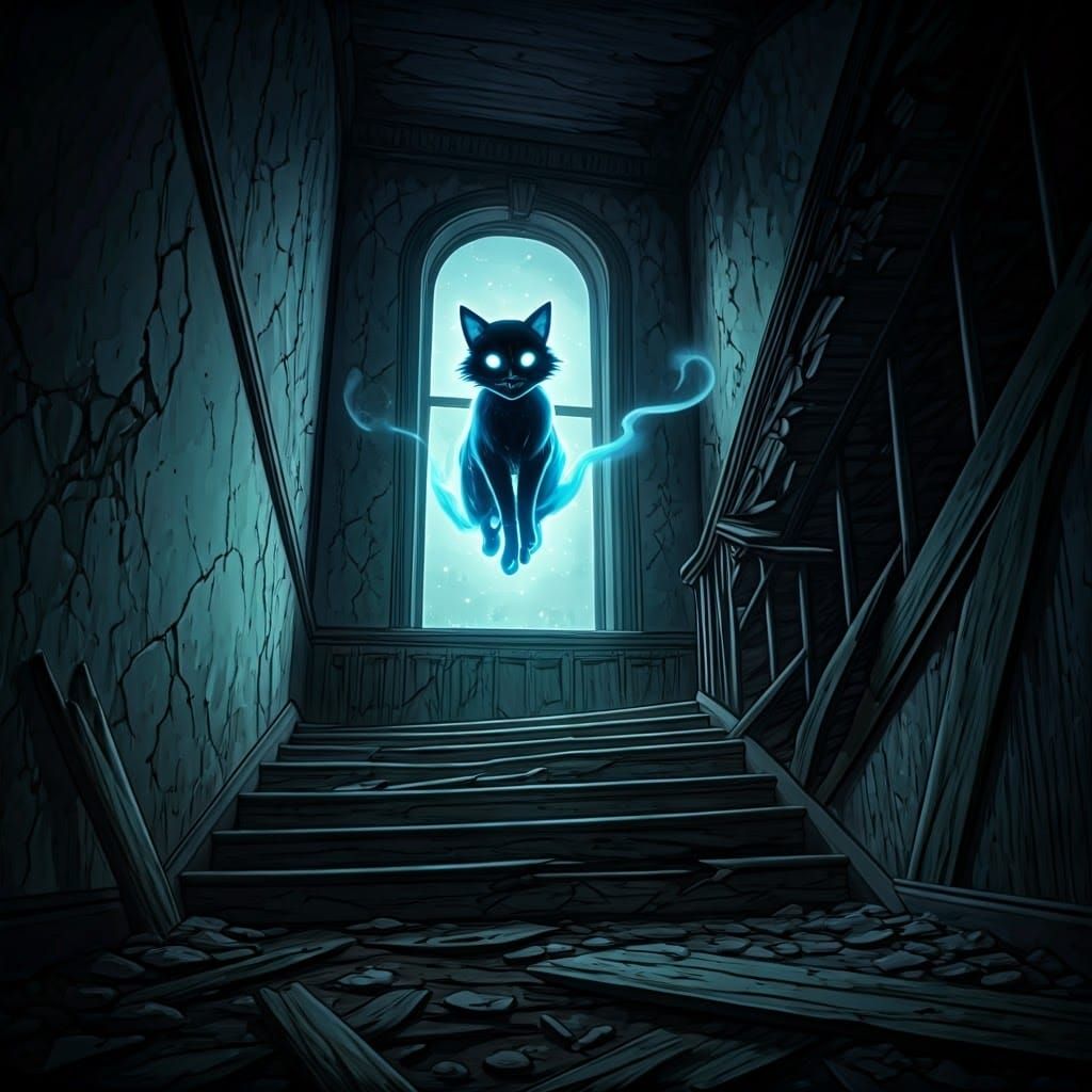 Ethereal Feline Spirit Descends Haunted Staircase