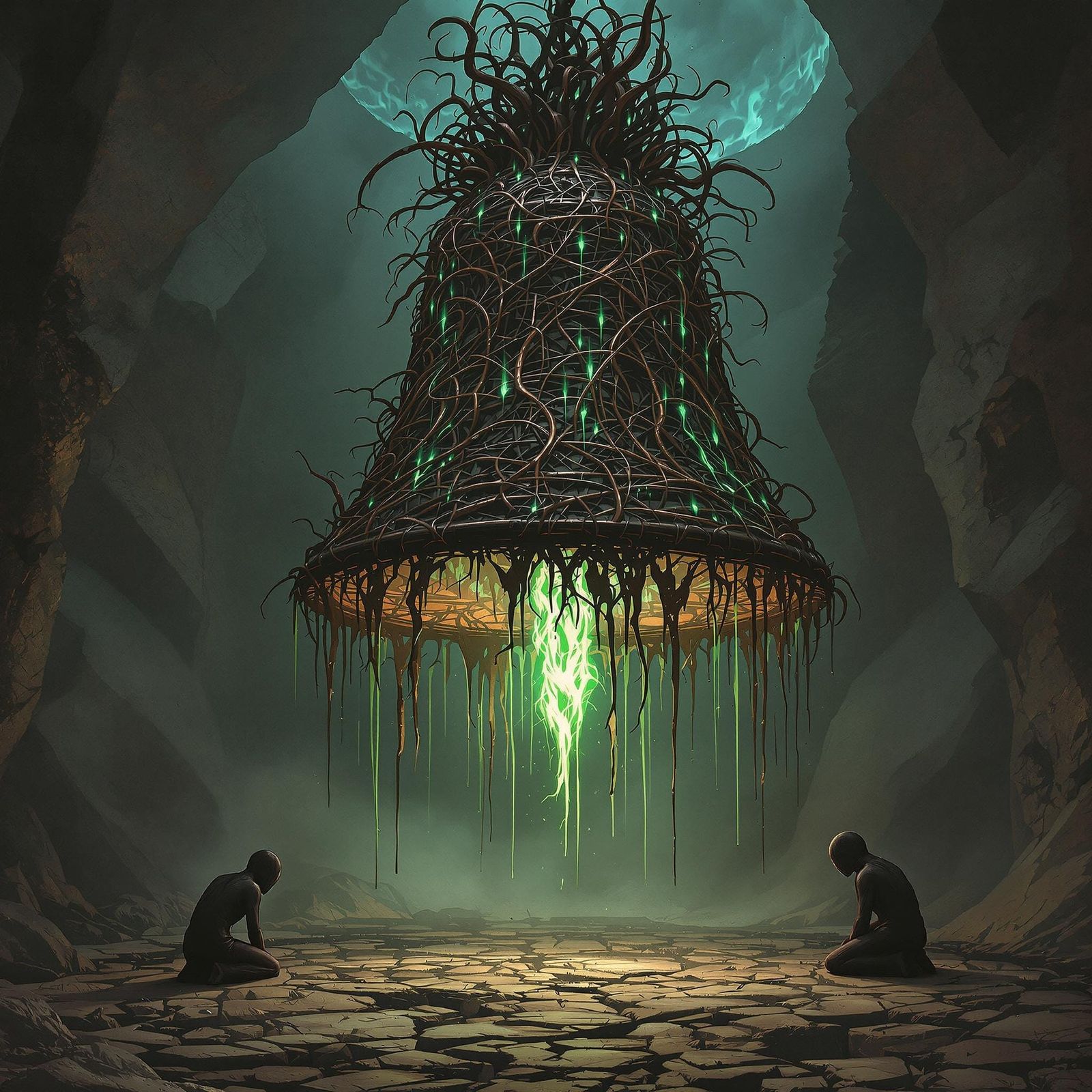 Archaic Bell with Ghostly Fire, in Beksiński Style