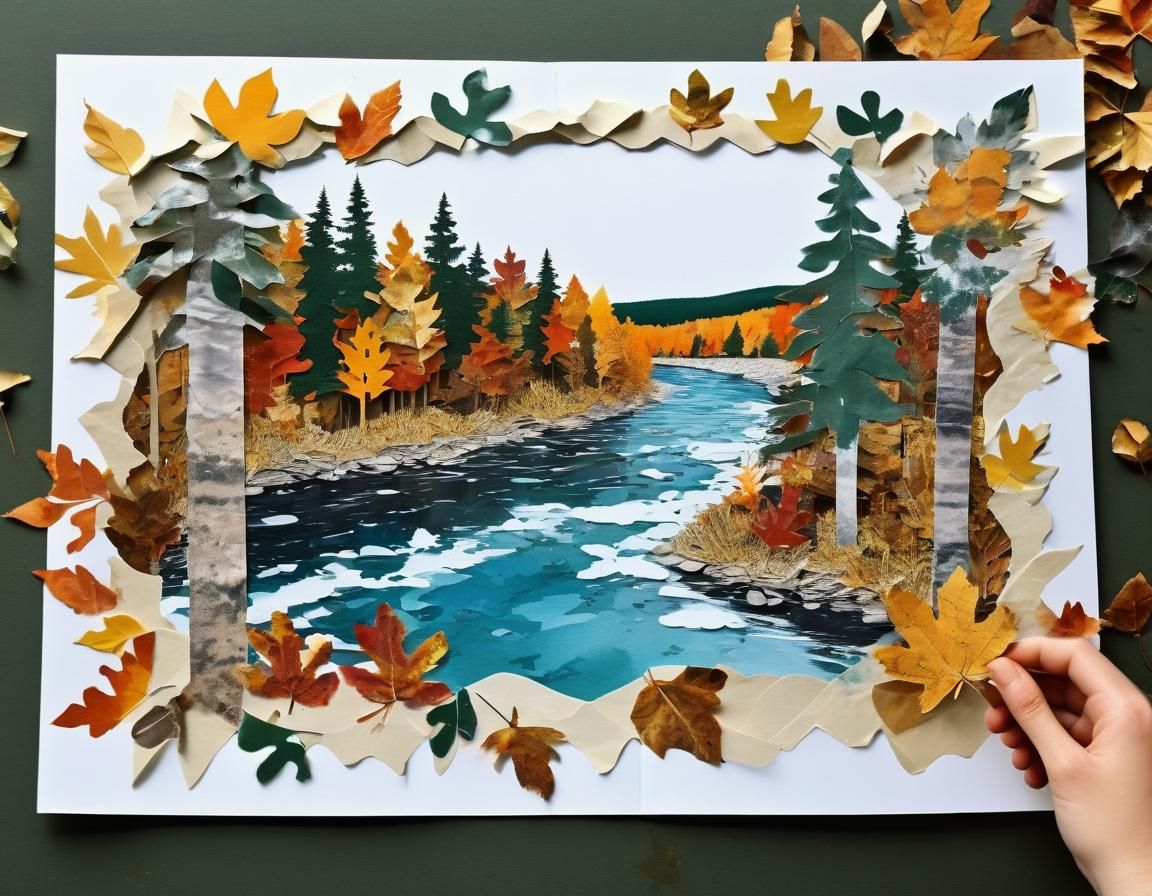 Fall Forest River in Dried Leaf Collage