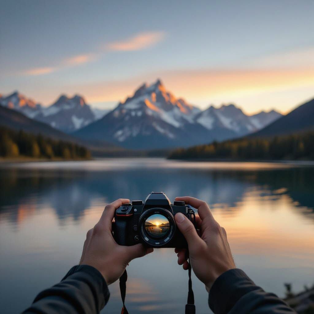 Photorealistic Lake and Mountains View Through Camera Lens
