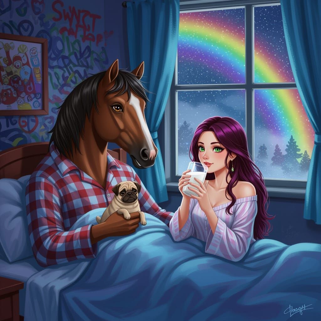 Centaur in Pajamas with Pug and Woman, Rainbow Fog