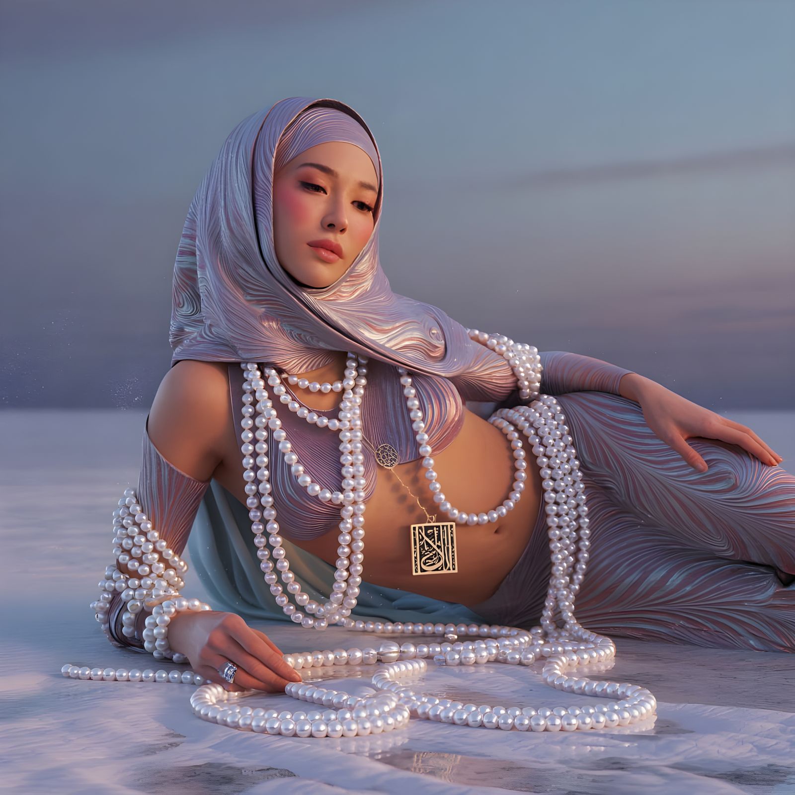 Ethereal Asian Woman in Body Paint with Pearl Adornments