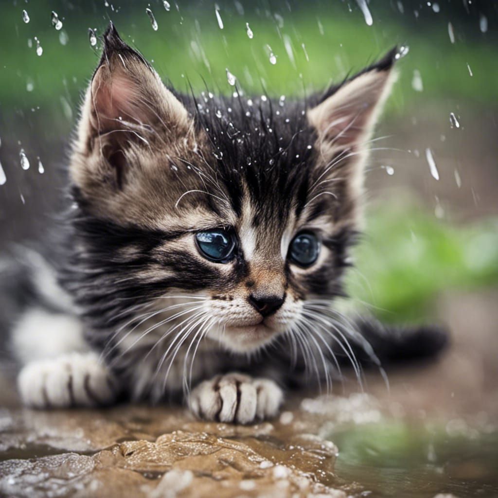 Cute sad kitten in the rain,
