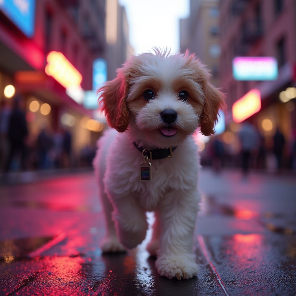 Cockapoo Puppy Adventures in Neon NYC