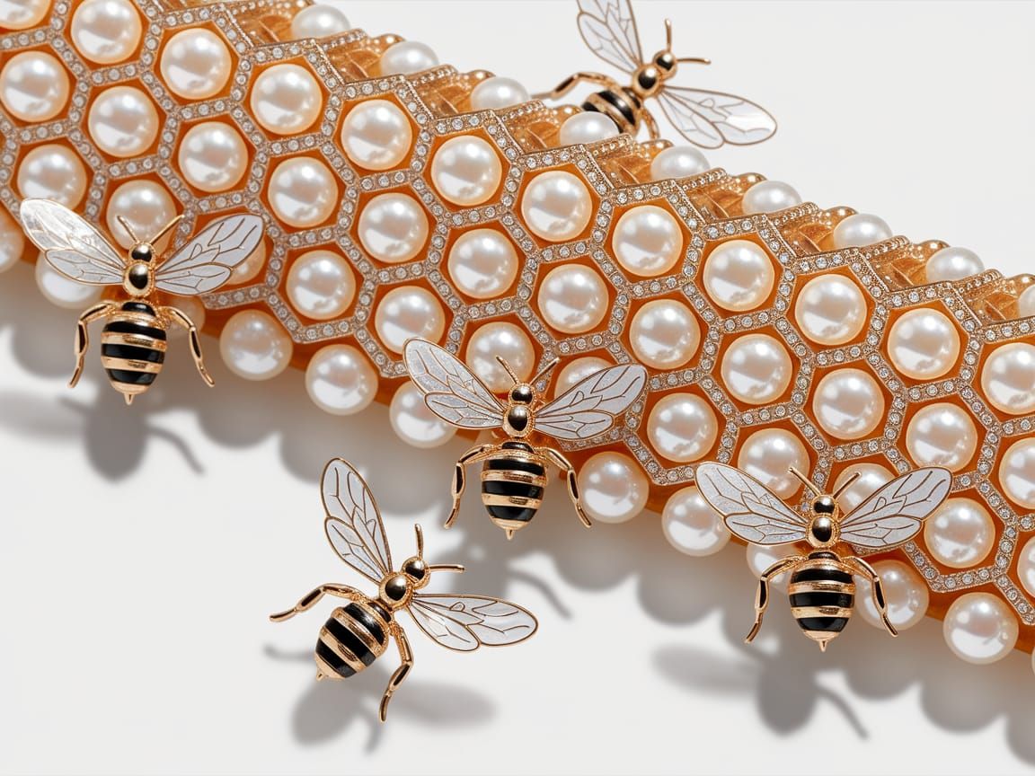 Luxurious Gold Honeycomb Jewelry with Bees and Pearls
