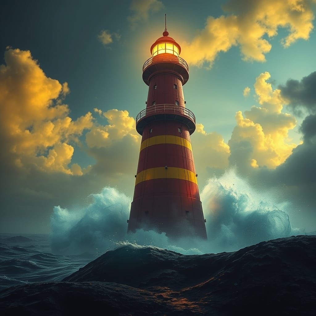 Futuristic Lighthouse Amidst Raging Sea in Sci-Fi Style
