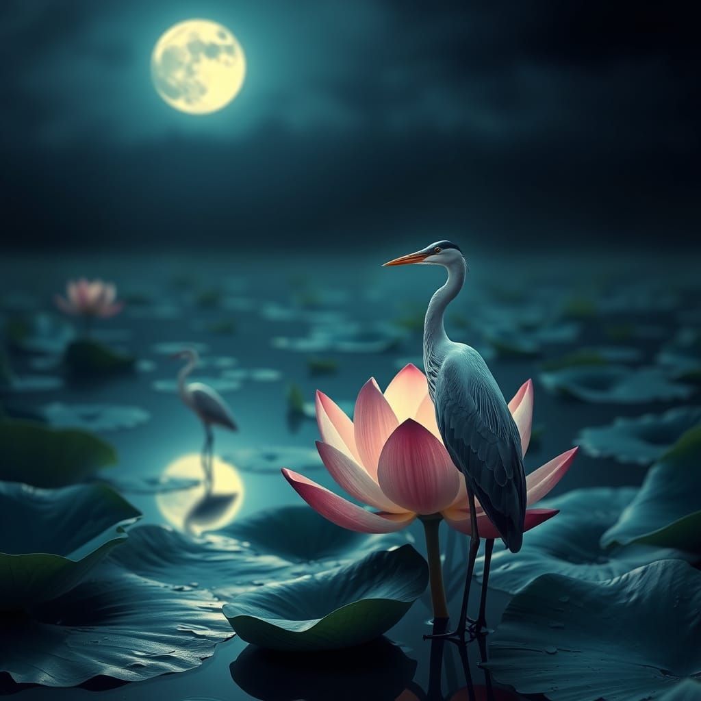 Moonlit Lotus Flower and Heron Serenity