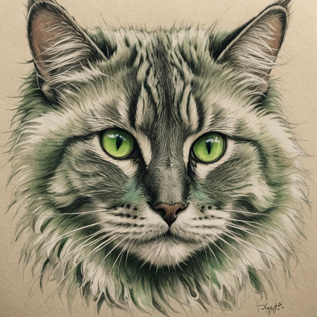 Pencil Sketch of a Fluffy Green-Eyed Cat