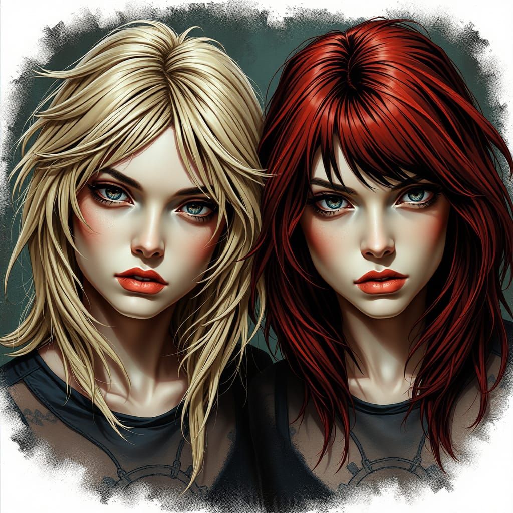 Gothic Portrait of Twin Women in Comic Book Style