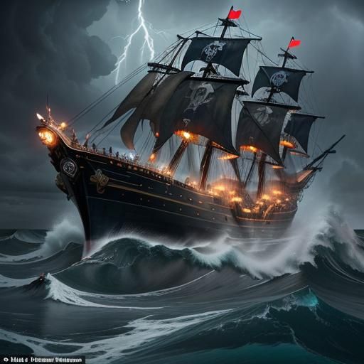 Colored Hyperrealist, pirate ship red black on raging sea