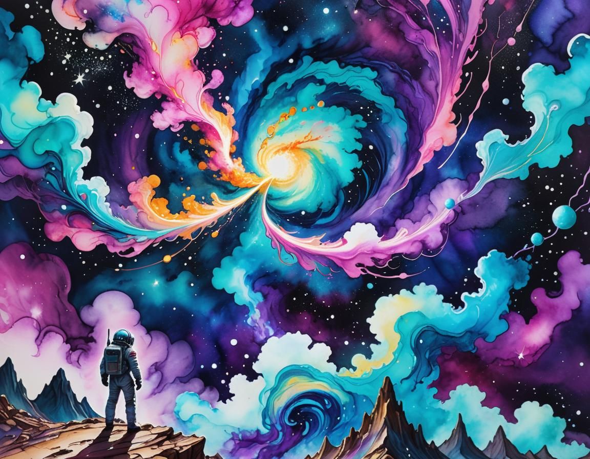 Spaceship Navigates Nebula in Alcohol Ink Landscape