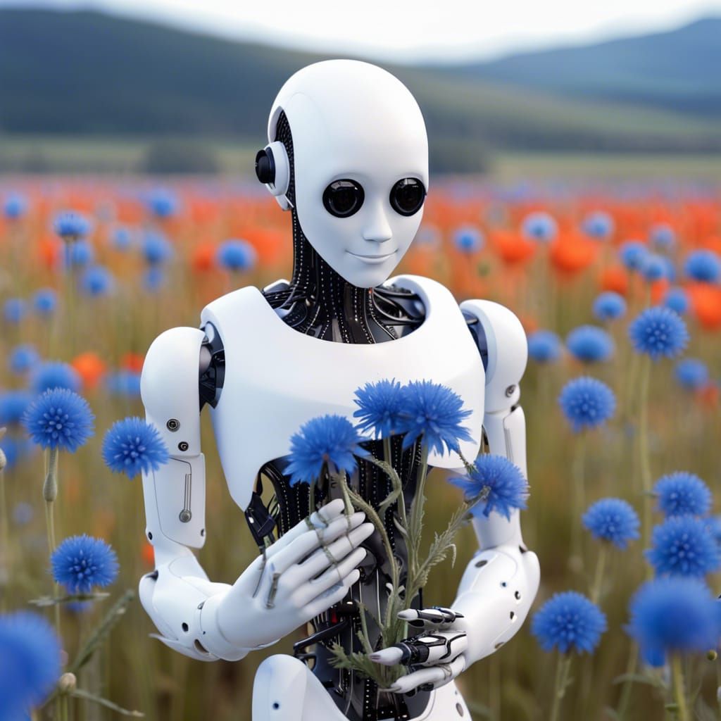 Humanoid Robot Holding Cornflower in Poppy Field