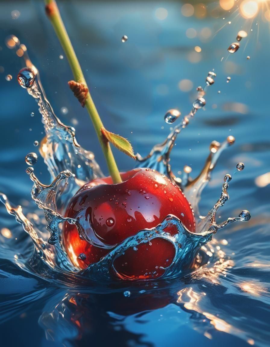 Macro Cherry Splash in Sunlit, Detailed Oil Painting