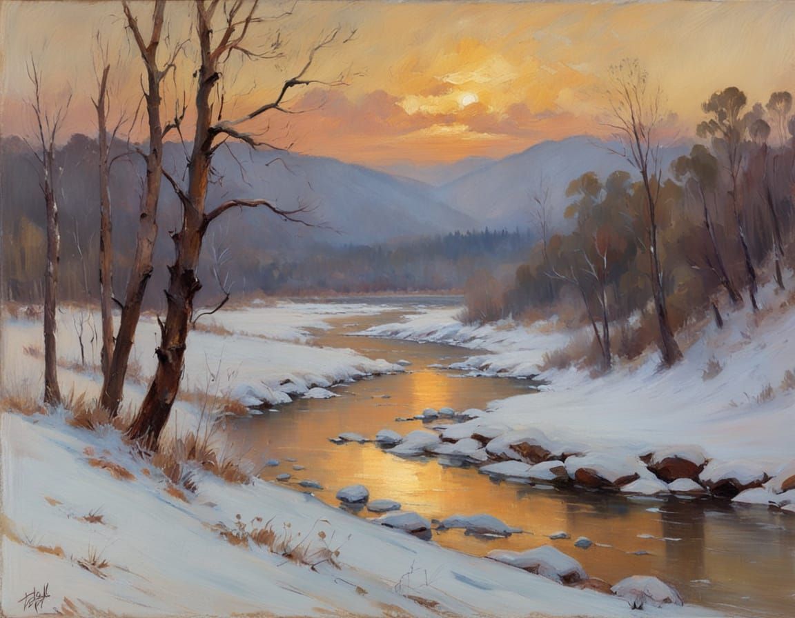 Snowy Valley Sunset in Impressionist Style