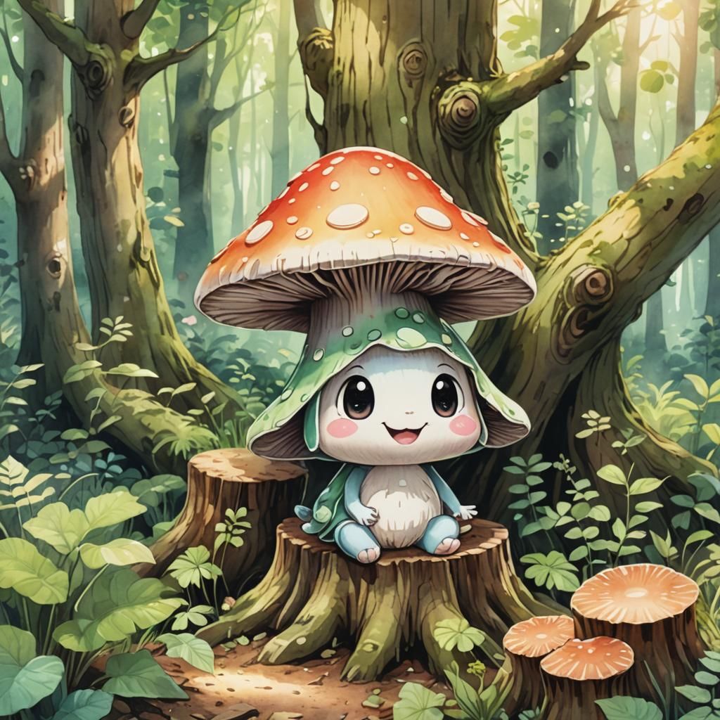 Kawaii Mushroom Creature in Whimsical Forest