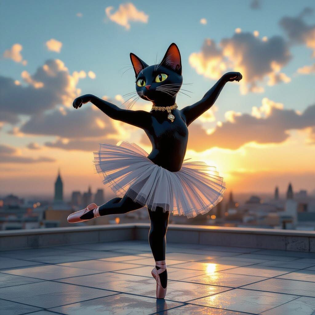 Egyptian Cat Dancer on Rooftop at Dawn, Neo-Impressionist St...