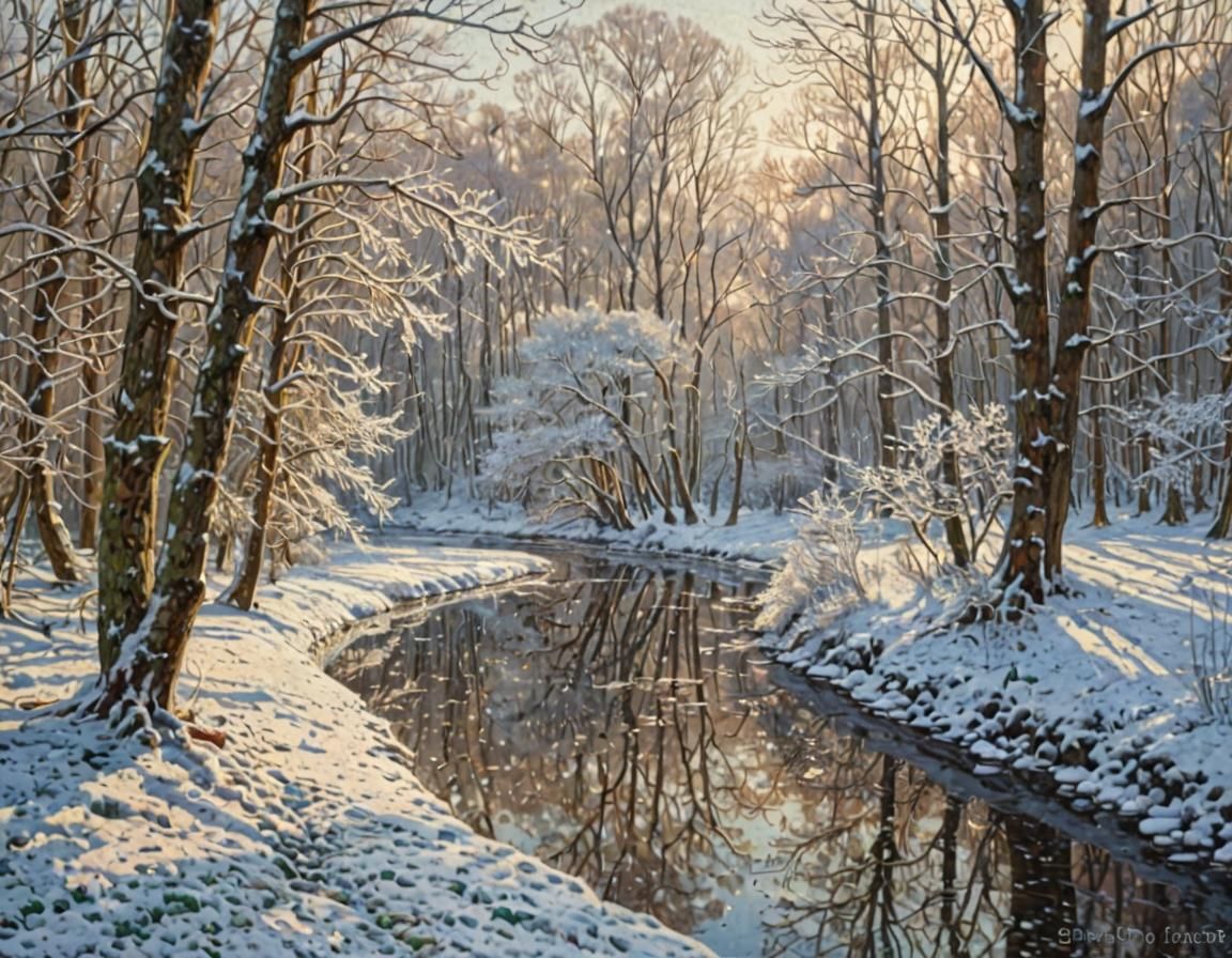 Iced River in Snowy Forest: Pointillist Winter Scene