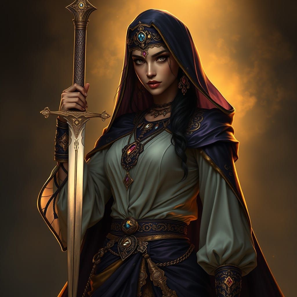 Mysterious Arabian Corsair in Dark Fantasy Attire Wields Sci...