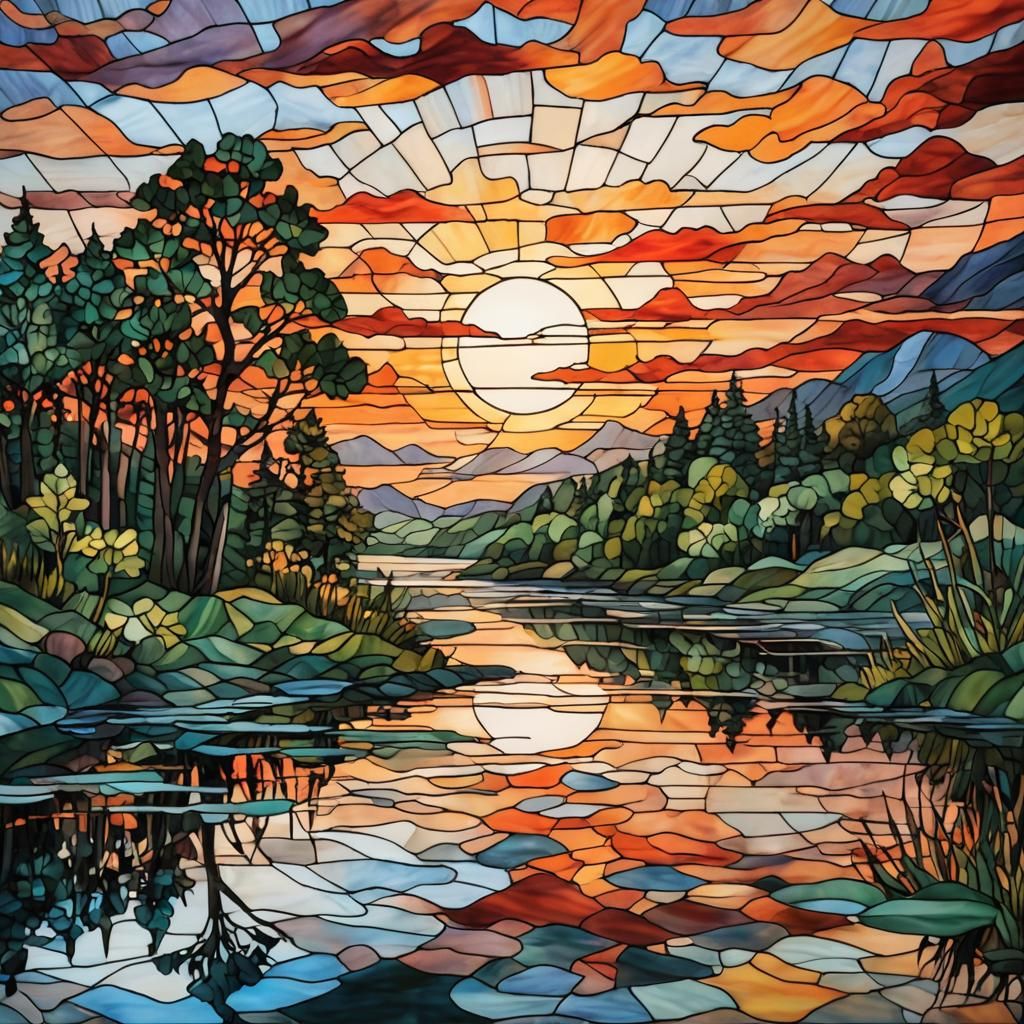 Stained Glass Summer Sunrise Over River