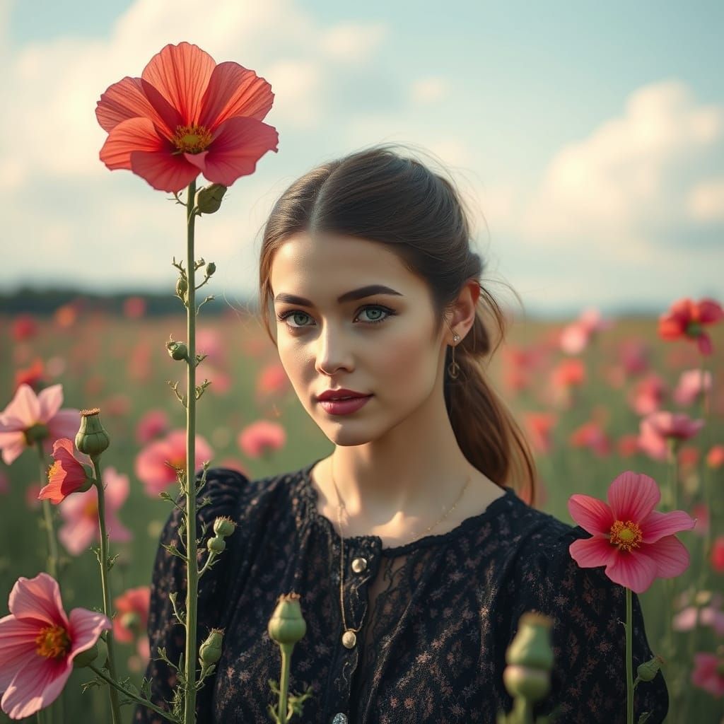 Hyperrealistic Woman in Hollyhock Field
