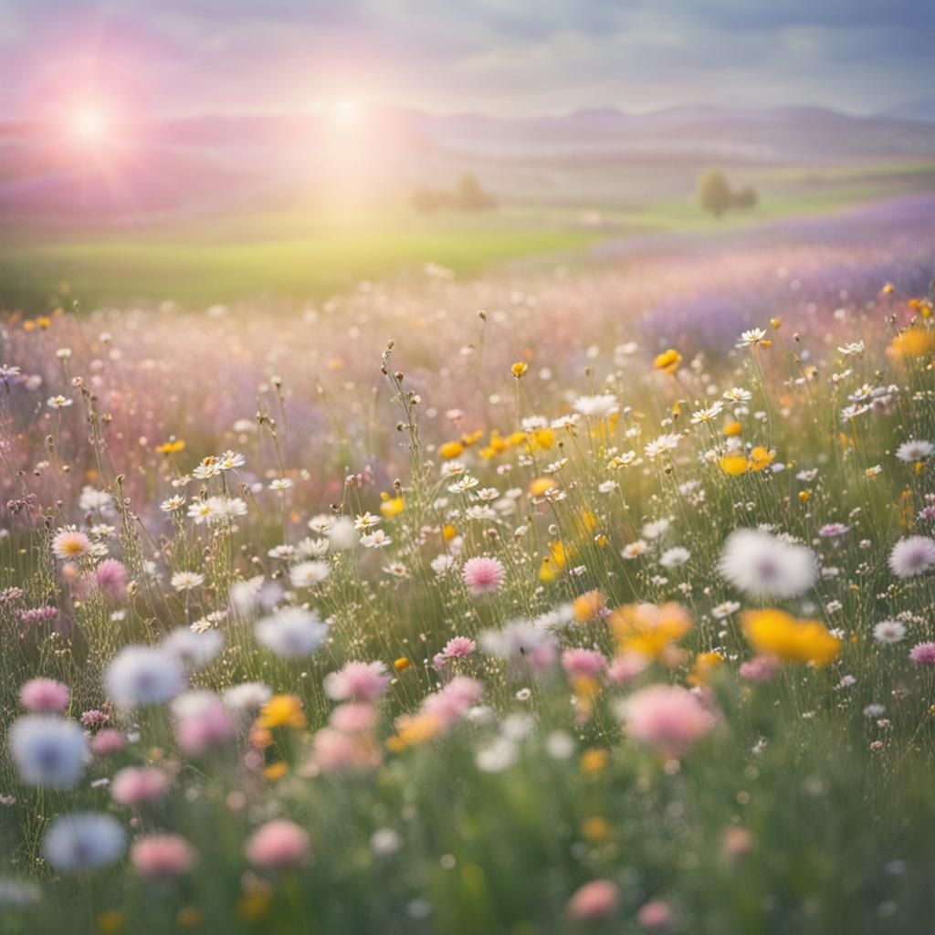 Pastel Flowers Bloom in Spring Meadow