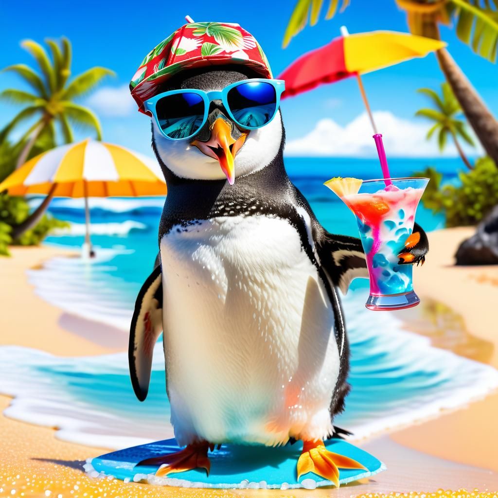 Tropical Penguins Lounging on a Sunny Beach