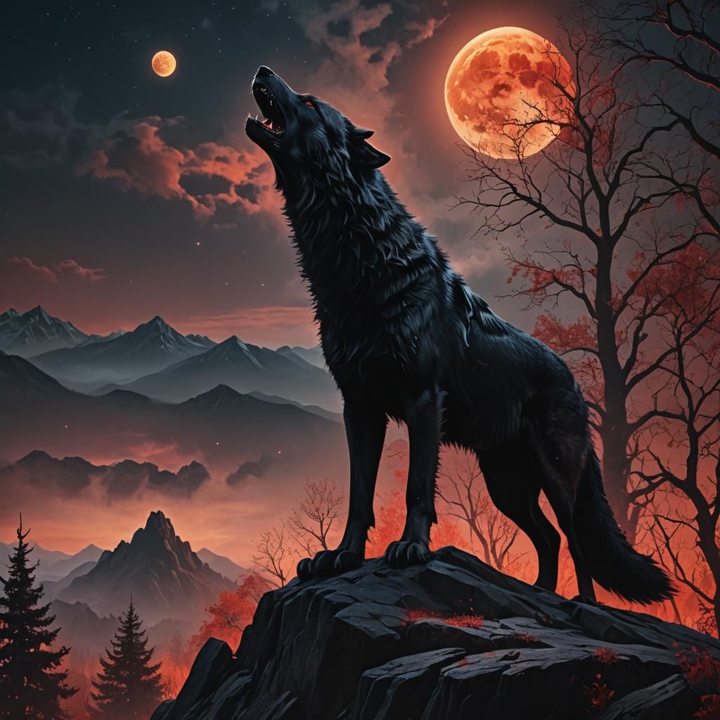 Black Wolf Howling at Blood Moon, Fantasy Art