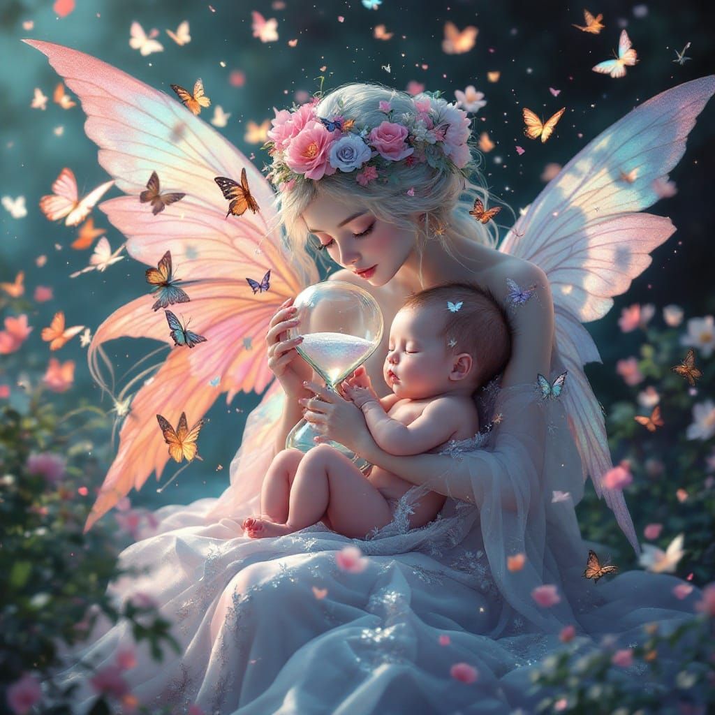 Whimsical Fairy Scene with Baby and Butterflys in an Hourgla...