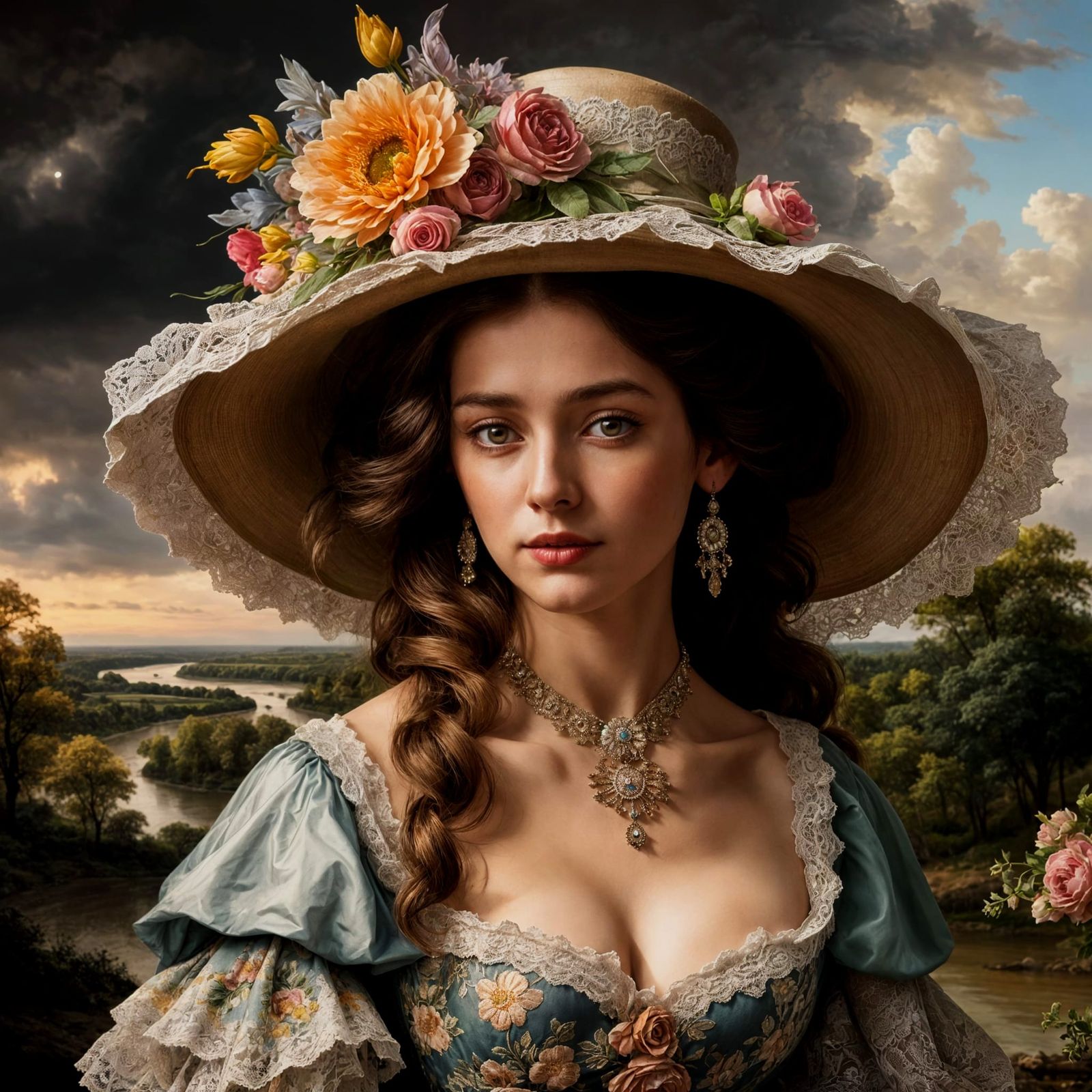 1700s Woman with Floral Dress and Enigmatic Gaze, Constable ...