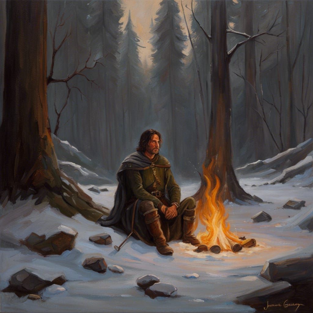 Aragorn by Campfire in Winter Snow, Oil Painting