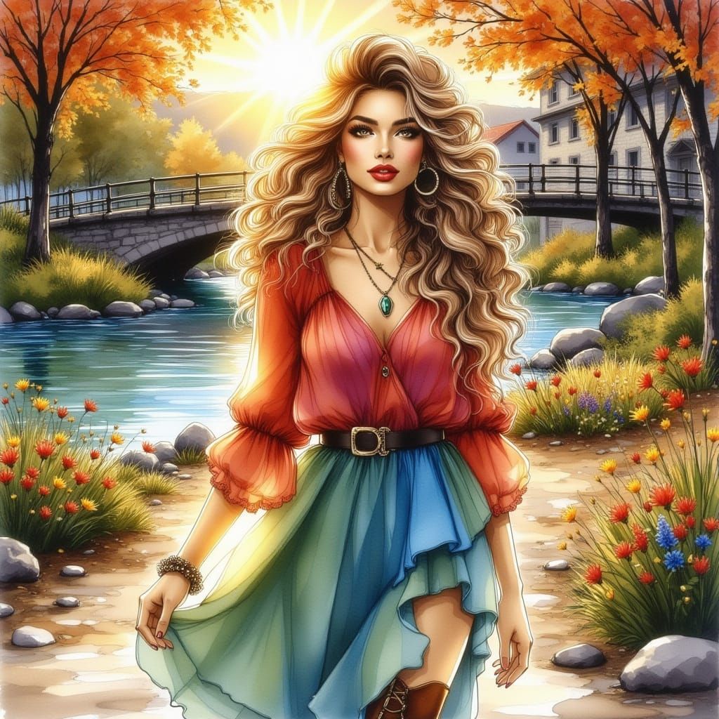 Fairytale Woman on Road with River and Bridge