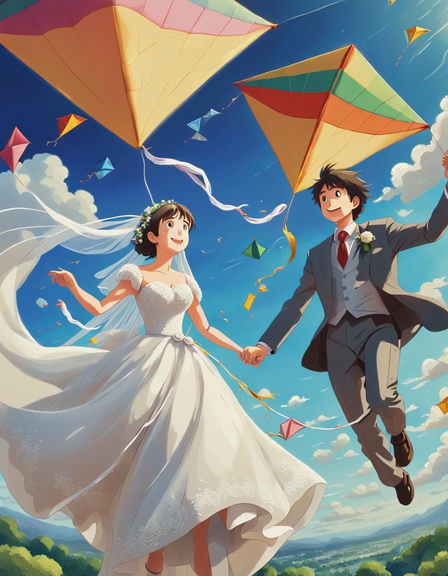 Anime Bride and Groom Fly Kites, Oil Painting Style