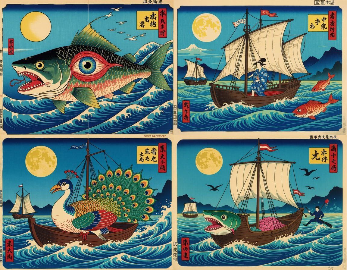 Horrific Mutant Shark-Whale Hybrid in Japanese Woodblock