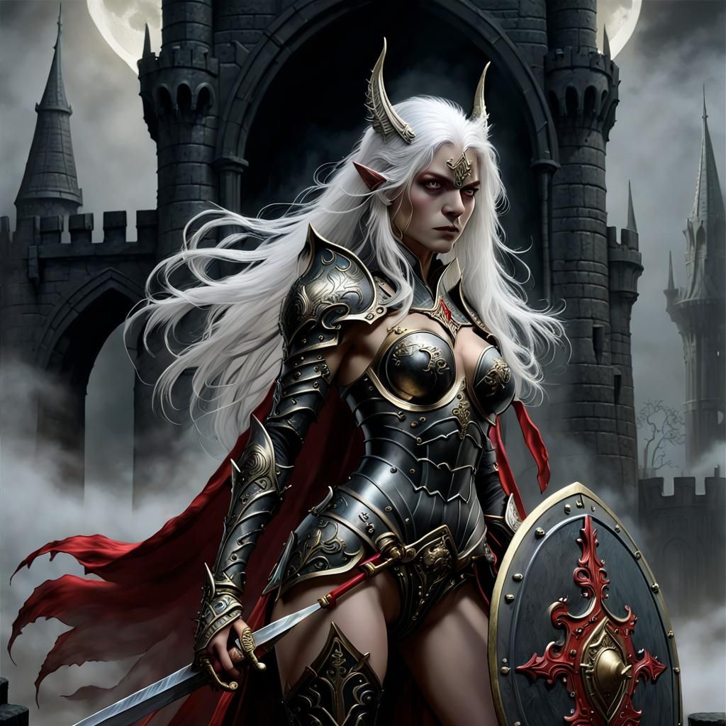 Dark Elf Warrior with Tower Shield in Digital Baroque Style