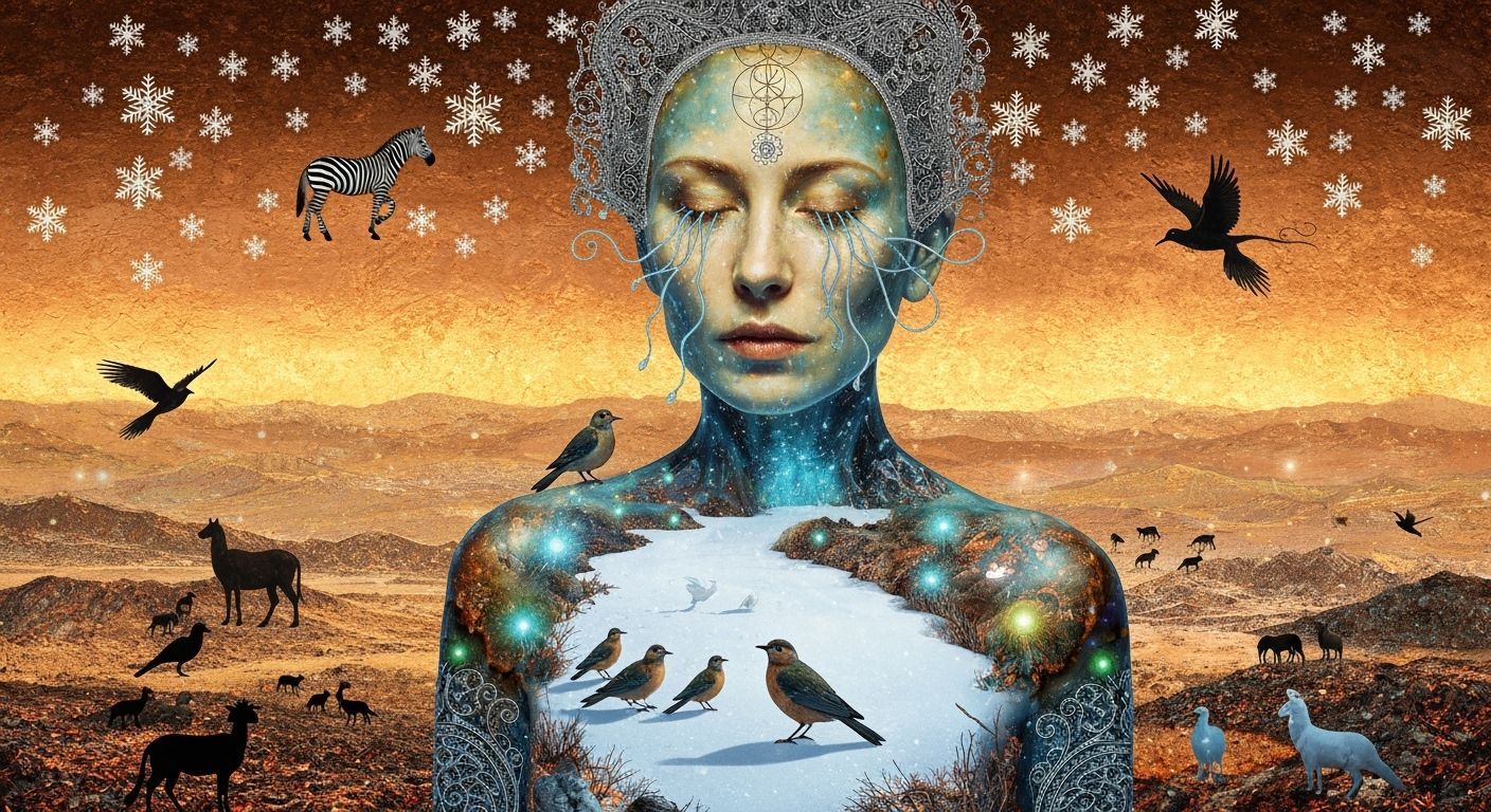 Mystical Shaman in Bioluminescent Frozen Oasis