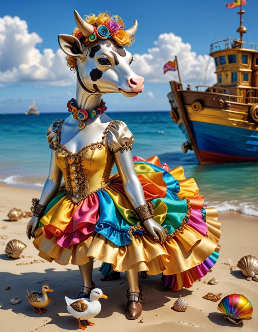 Steampunk Beach Vacation with Cow in Curlers