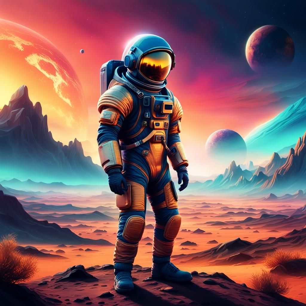 Astronaut in Alien Landscape at Golden Hour