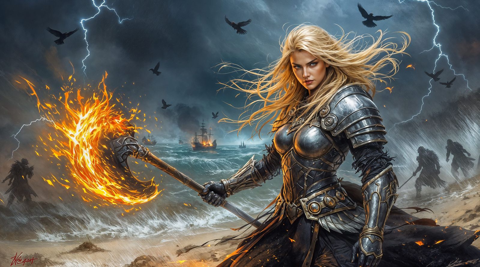 Stormy Beach Battle in Vibrant Impressionism