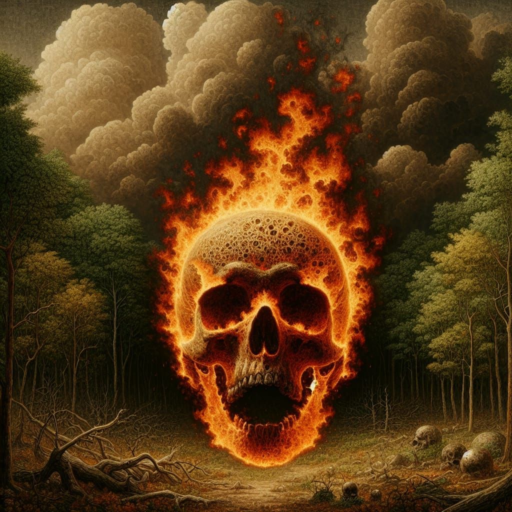 Burning Skull in Forest: Southern Gothic Digital Art
